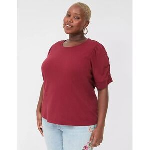 NWT Lane Bryant Puff Sleeve Cotton Crew Neck Tee Cabernet Maroon Red Size 22 24